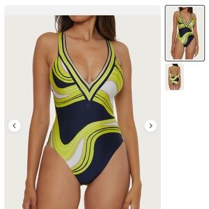 Trina Turk Lime, Navy & White Swirl V-Neck One-Piece